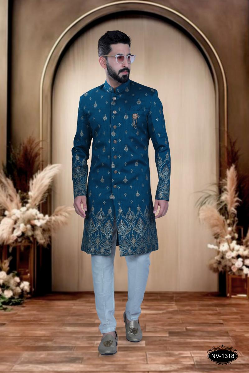 Joban Fashion Men's Blue Base Silk Kurta with Pyjama | Grocsy