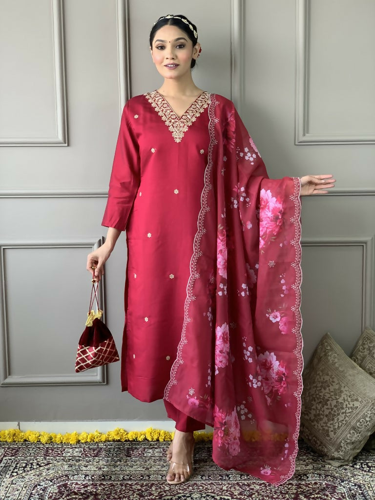 Rani Pink Viscose Chanderi Stitched Suit With Dupatta - Tanisha | Grocsy