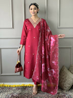 Rani Pink Viscose Chanderi Stitched Suit With Dupatta - Tanisha | Grocsy