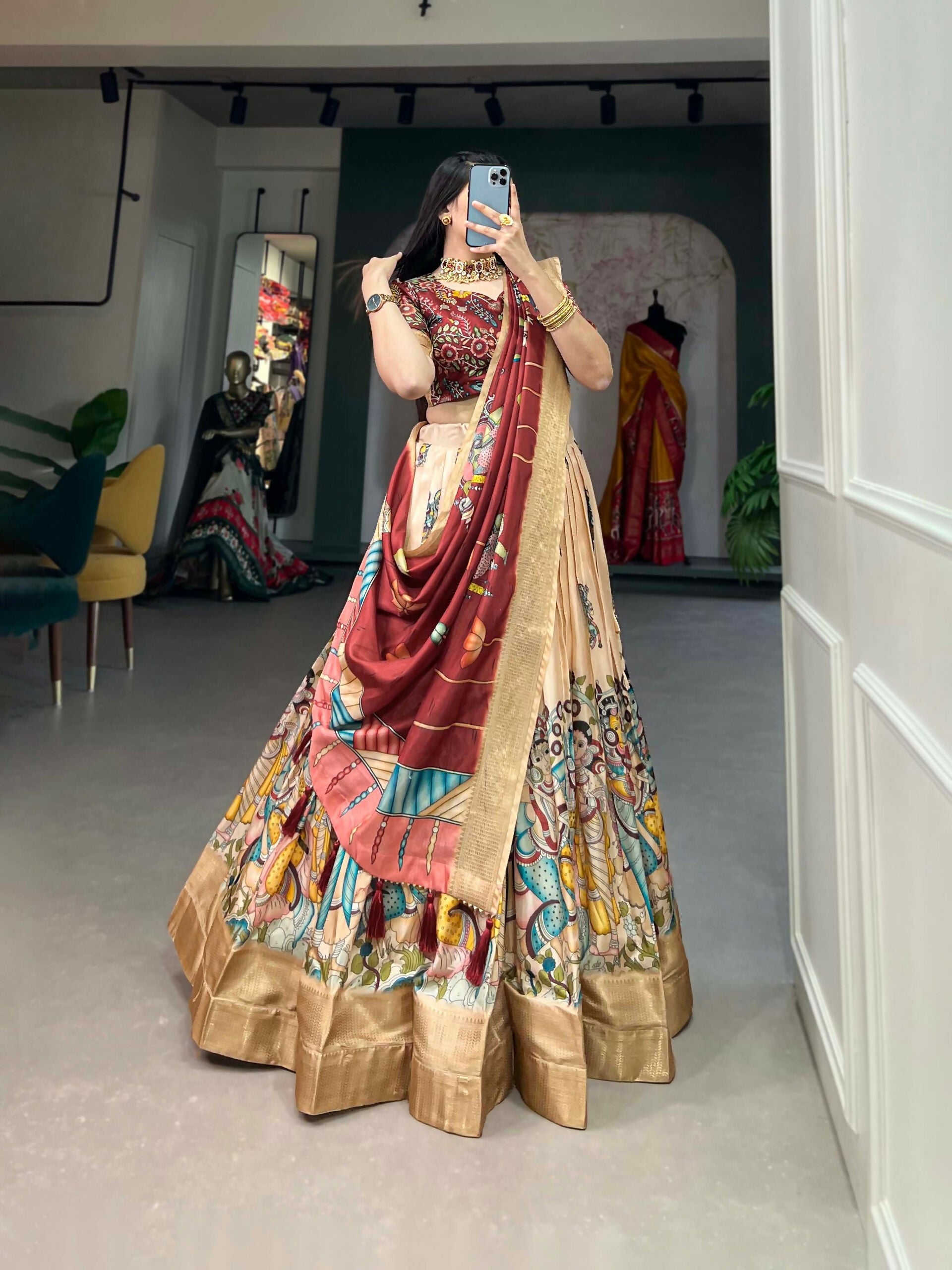 Vastranavya Kalamkari Print With Weaving Border Lehenga with Unstitched Blouse - Cream | Grocsy