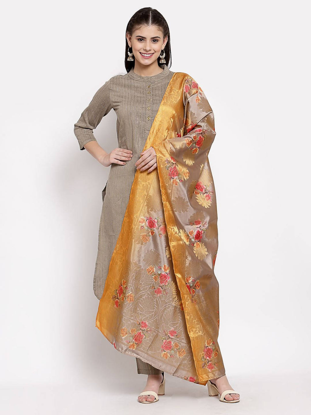 Myshka Women's Grey Cotton Solid 3/4 Sleeve Round Neck Casual Kurta Pant Dupatta Set | Grocsy
