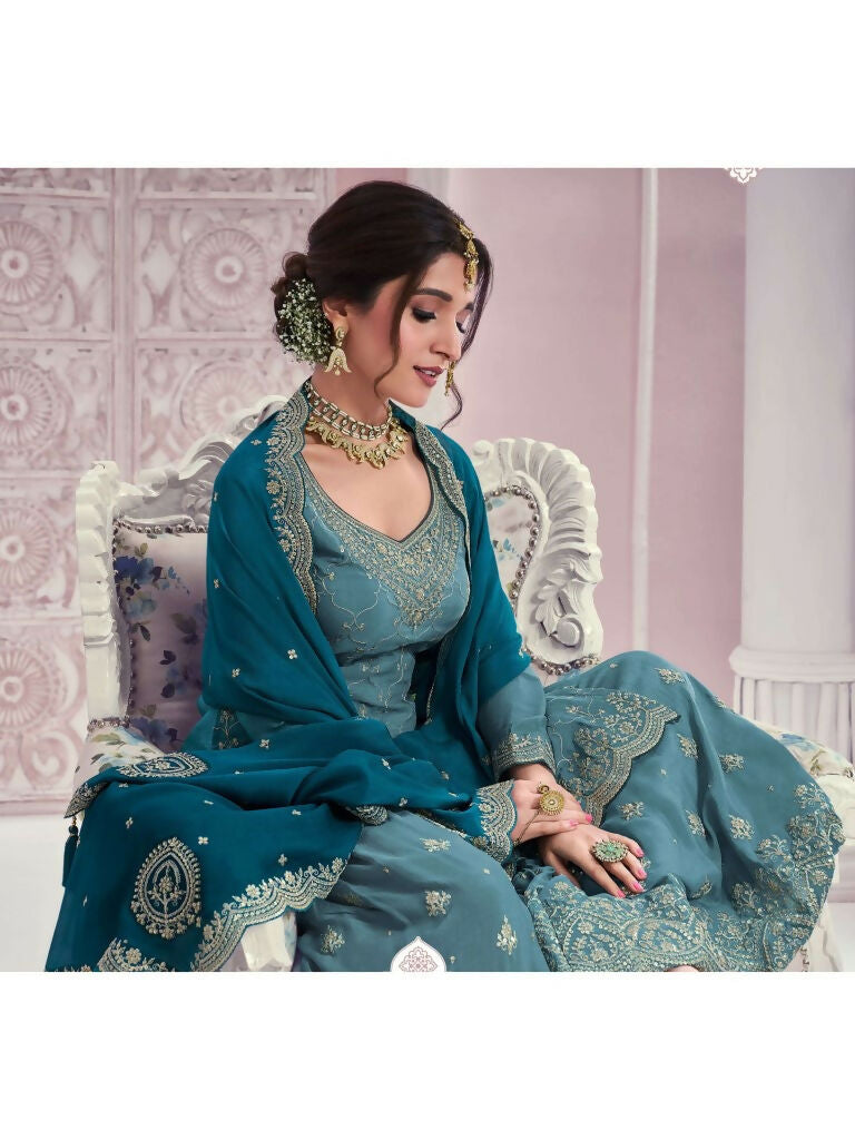 Vastranavya Exquisite Teal Heavy Chinon with Embroidered & Sequins Work Salwar Suits | Grocsy