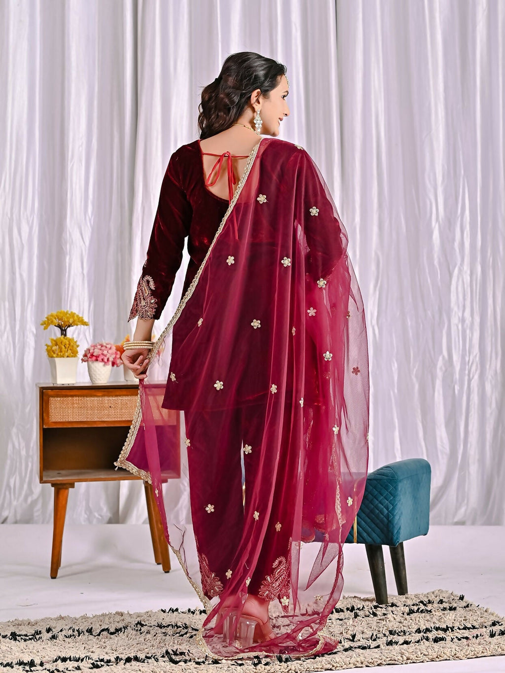 Joban Fashion Wine Velvet Sequence Embroidery Work Kurta Set | Grocsy
