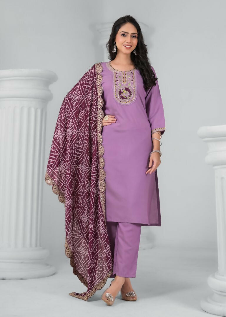 Ethnic Festive Wear Rayon Wine Stitched Suit With Dupatta - Tanisha | Grocsy
