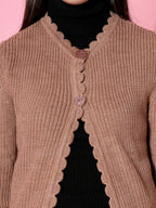 Women Self Design Long Brown Acrylic Winter Shrug - Wool Trees | Grocsy