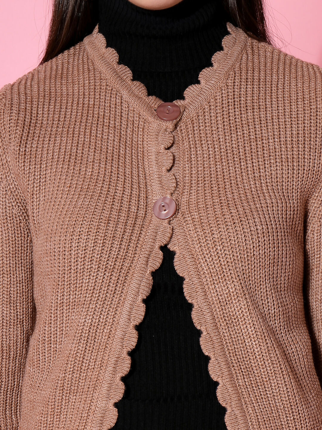 Women Self Design Long Brown Acrylic Winter Shrug - Wool Trees | Grocsy