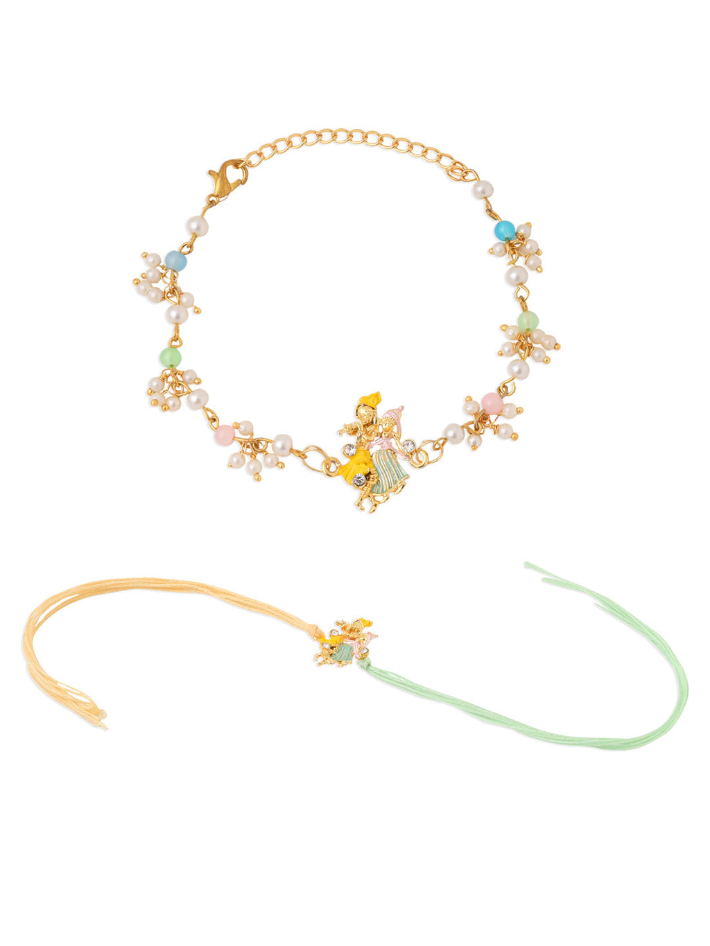 NVR Set of 2 Multicolor Gold Toned Radha Krishna Beaded Bhaiya Bhabhi Rakhi Combo | Grocsy