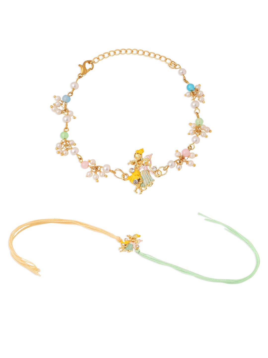 NVR Set of 2 Multicolor Gold Toned Radha Krishna Beaded Bhaiya Bhabhi Rakhi Combo | Grocsy