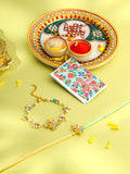 NVR Set of 2 Multicolor Gold Toned Radha Krishna Beaded Bhaiya Bhabhi Rakhi with Roli Chawal Chandan & Mishri | Grocsy
