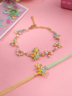 NVR Set of 2 Multicolor Gold Toned Radha Krishna Beaded Bhaiya Bhabhi Rakhi with Roli Chawal Chandan & Mishri | Grocsy