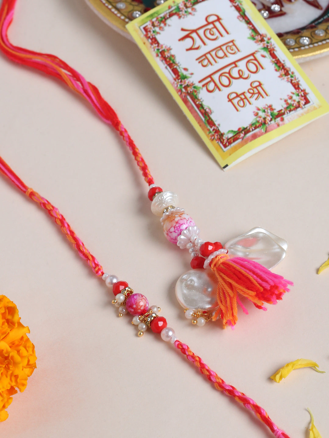 NVR Set of 2 Multicolor Artificial Stones & Beads Bhaiya Bhabhi Rakhi with Roli Chawal Chandan & Mishri | Grocsy