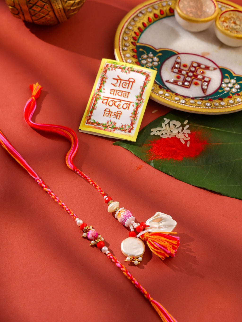 NVR Set of 2 Multicolor Artificial Stones & Beads Bhaiya Bhabhi Rakhi with Roli Chawal Chandan & Mishri | Grocsy