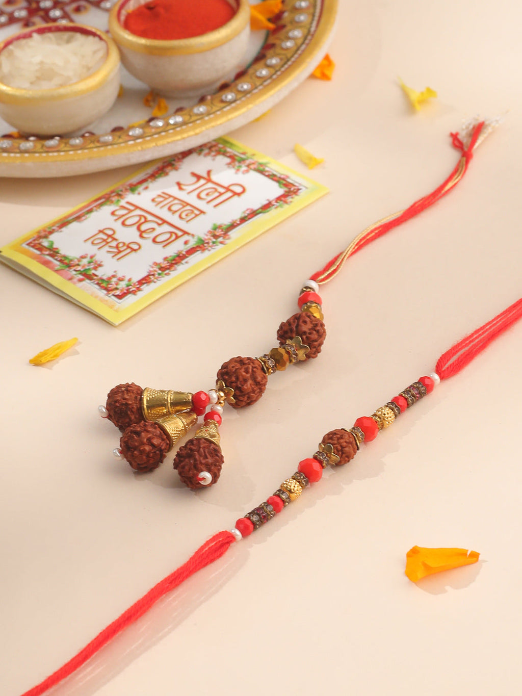 NVR Set of 2 Multicolor Rudraksh & Beads Bhaiya Bhabhi Rakhi with Roli Chawal Chandan & Mishri | Grocsy
