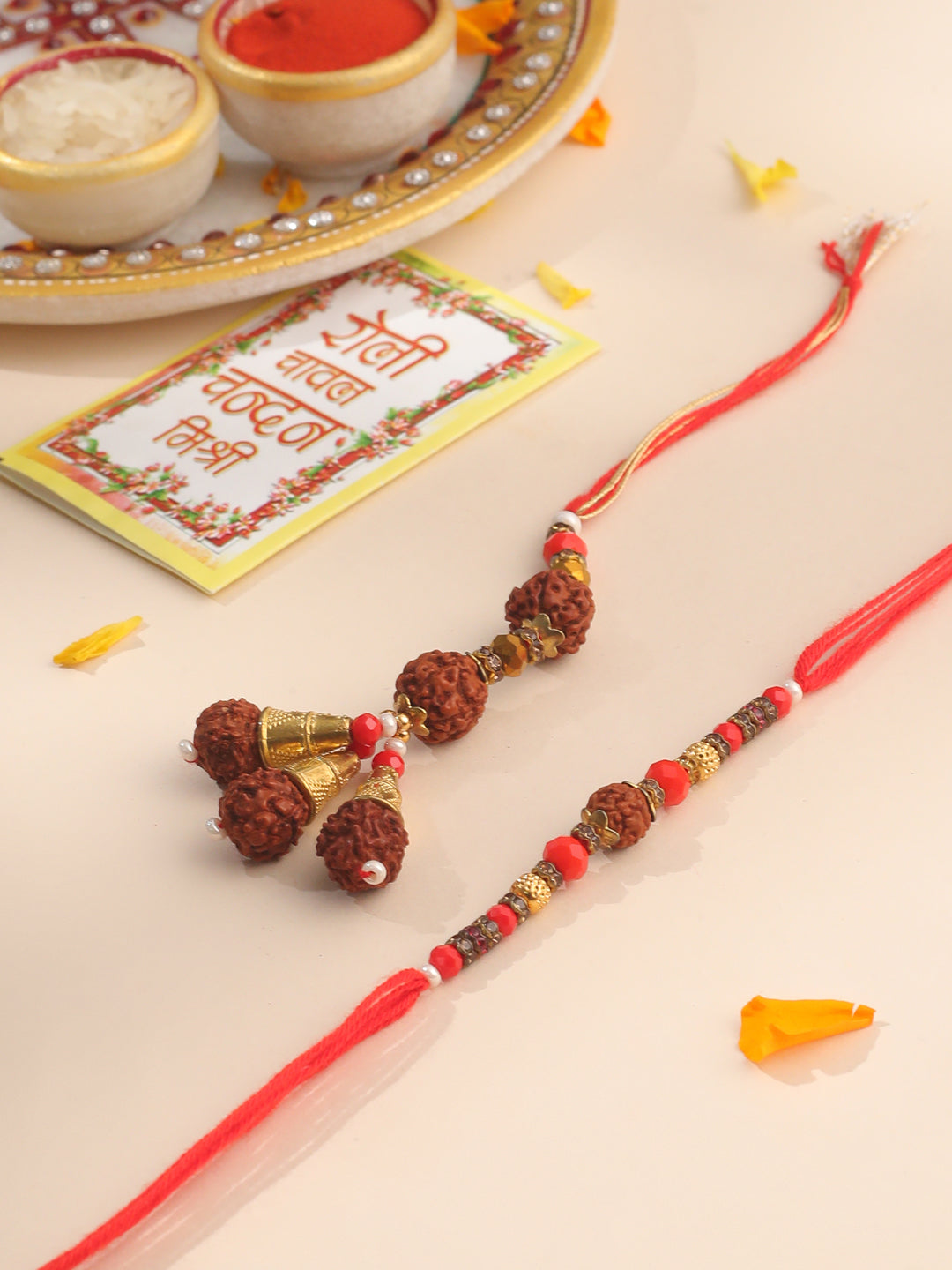 NVR Set of 2 Multicolor Rudraksh & Beads Bhaiya Bhabhi Rakhi with Roli Chawal Chandan & Mishri | Grocsy