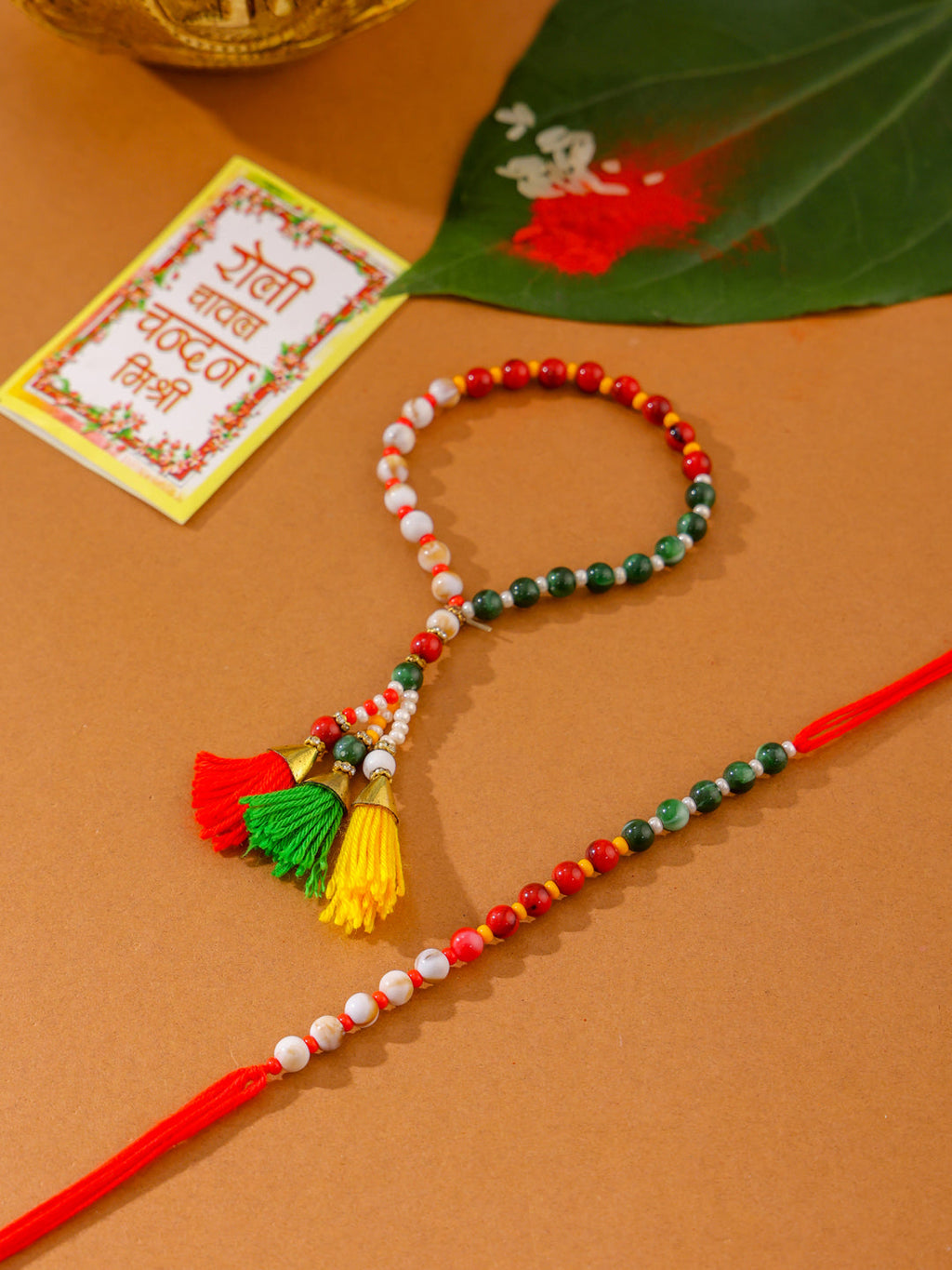 NVR Multicolor Artificial Beads Set of 2 Bhaiya Bhabhi Rakhi with Roli Chawal Chandan & Mishri | Grocsy