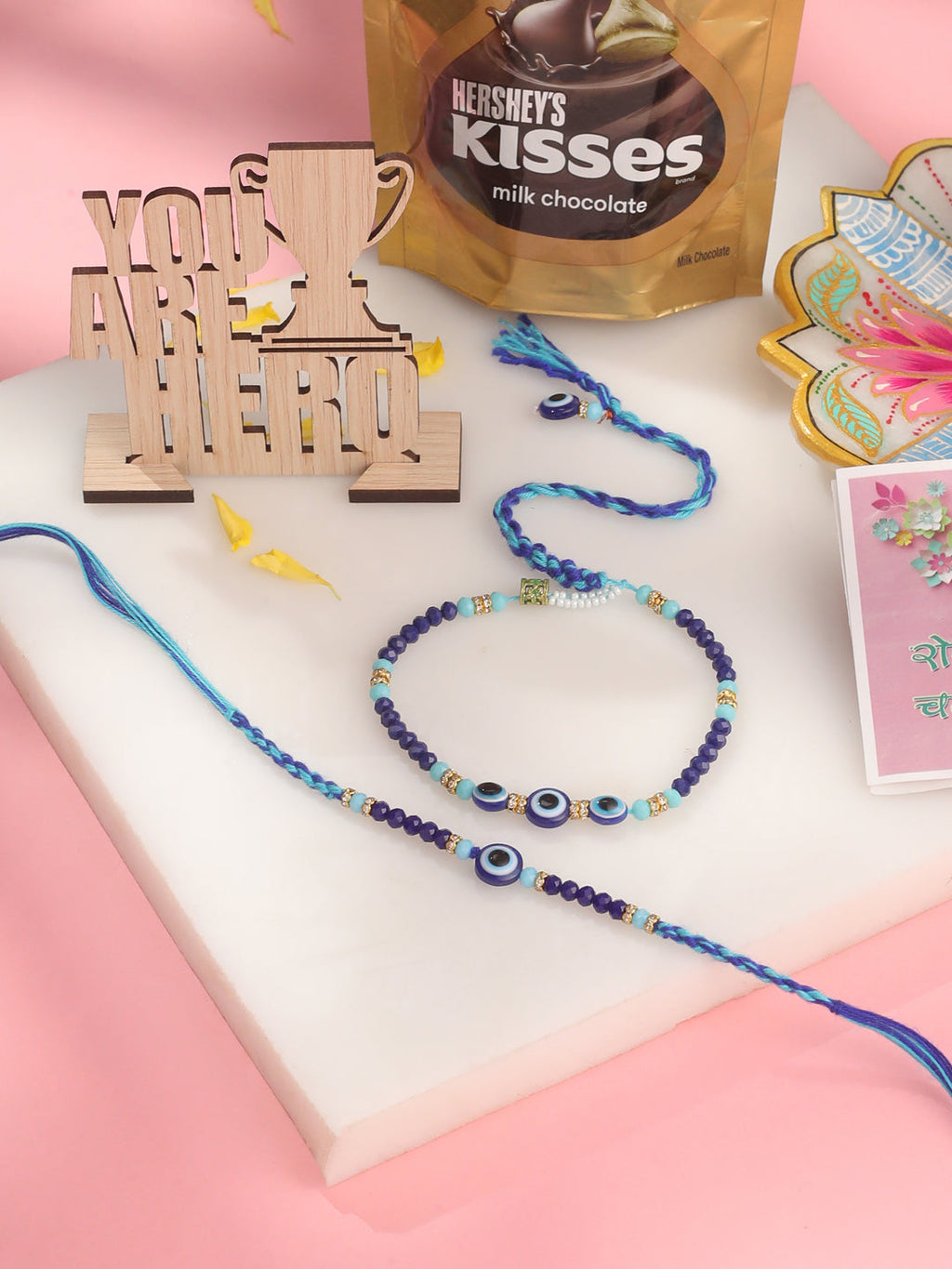 NVR Set of 2 Blue Evil Eye Artificial Beads Bhaiya Bhabhi Rakhi Combo | Grocsy