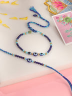 NVR Set of 2 Blue Evil Eye Artificial Beads Bhaiya Bhabhi Rakhi with Roli Chawal Chandan & Mishri | Grocsy