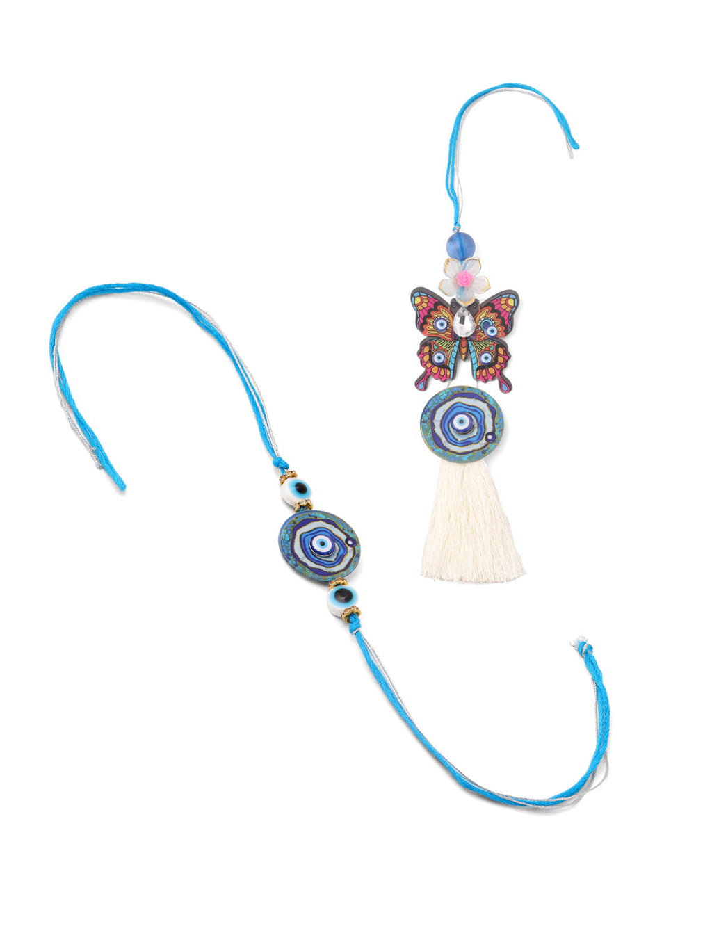 NVR Blue Evil Eye Artificial Beads Set of 2 Bhaiya Bhabhi Rakhi Combo | Grocsy