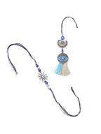 NVR Set of 2 Blue Evil Eye Artificial Beads Bhaiya Bhabhi Rakhi with Roli Chawal Chandan & Mishri | Grocsy