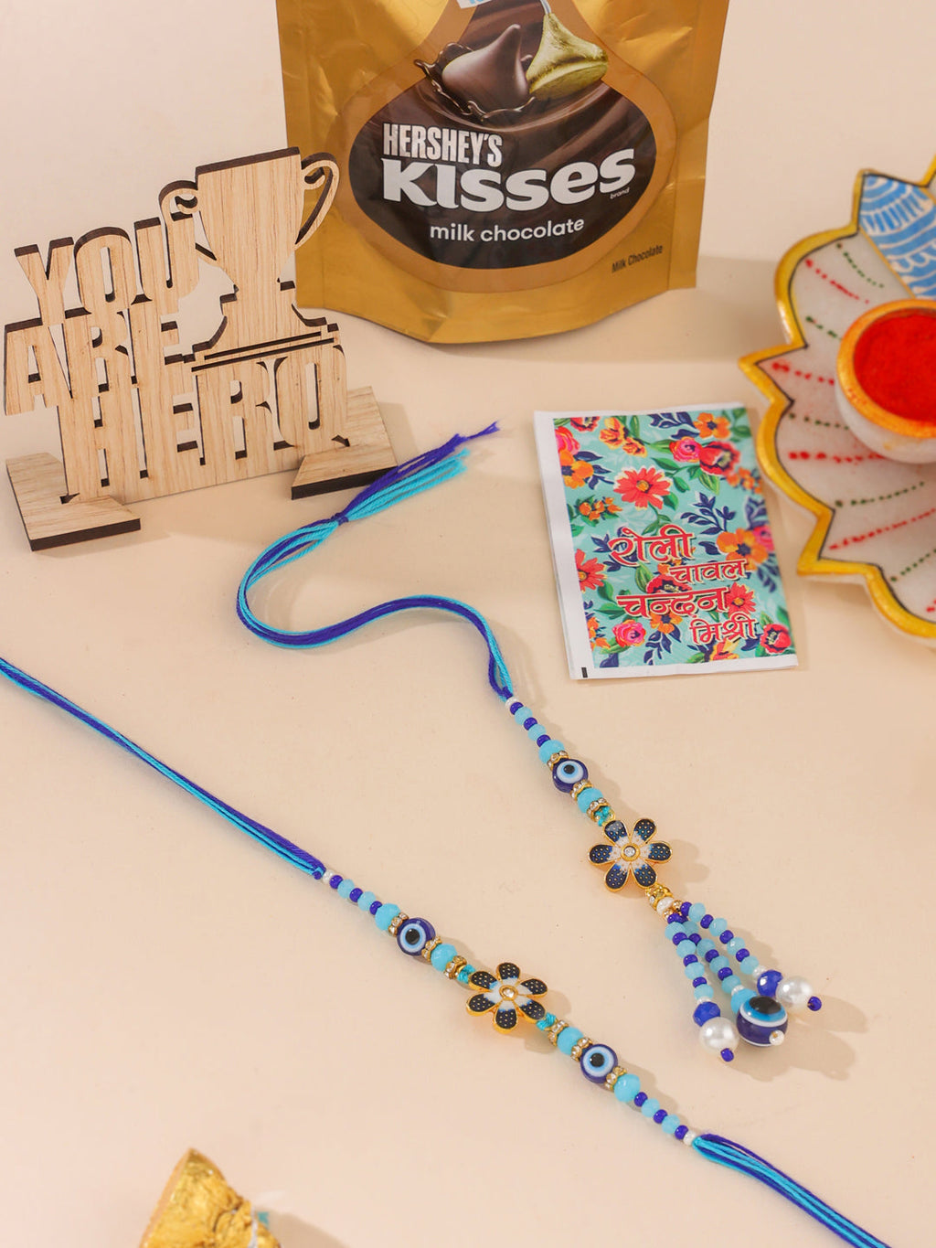 NVR Set of 2 Blue Artificial Beads Evil Eye Bhaiya Bhabhi Rakhi Combo | Grocsy