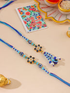 NVR Set of 2 Blue Artificial Beads Evil Eye Bhaiya Bhabhi Rakhi with Roli Chawal Chandan & Mishri | Grocsy