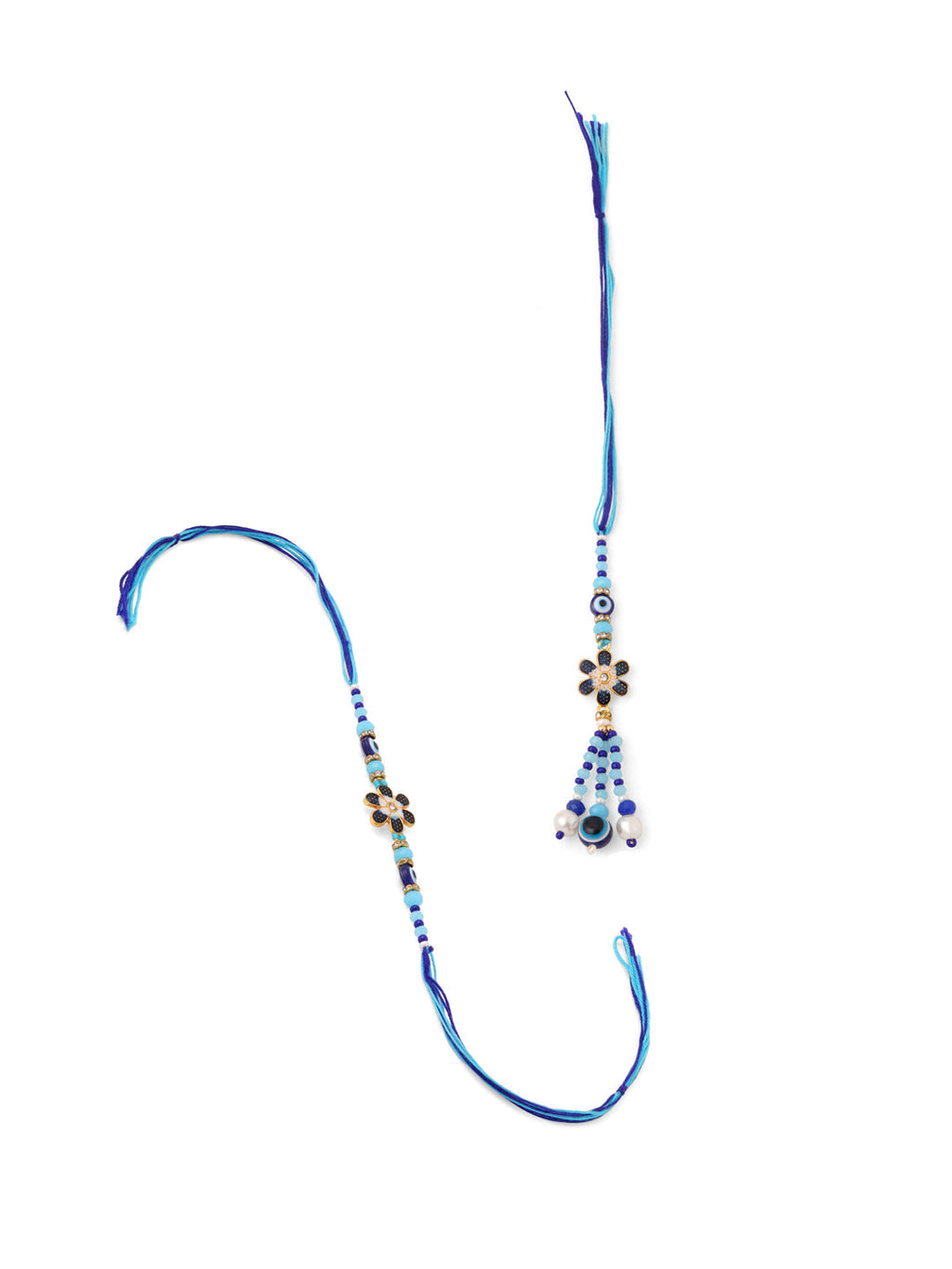 NVR Set of 2 Blue Artificial Beads Evil Eye Bhaiya Bhabhi Rakhi with Roli Chawal Chandan & Mishri | Grocsy