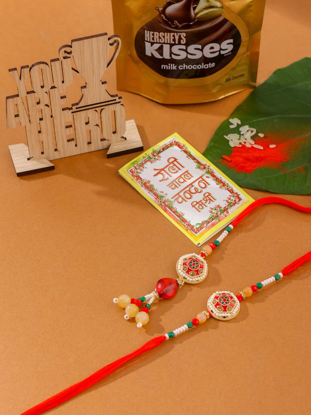 NVR Set of 2 Red Artificial Stones and Beads Bhaiya Bhabhi Rakhi Combo | Grocsy