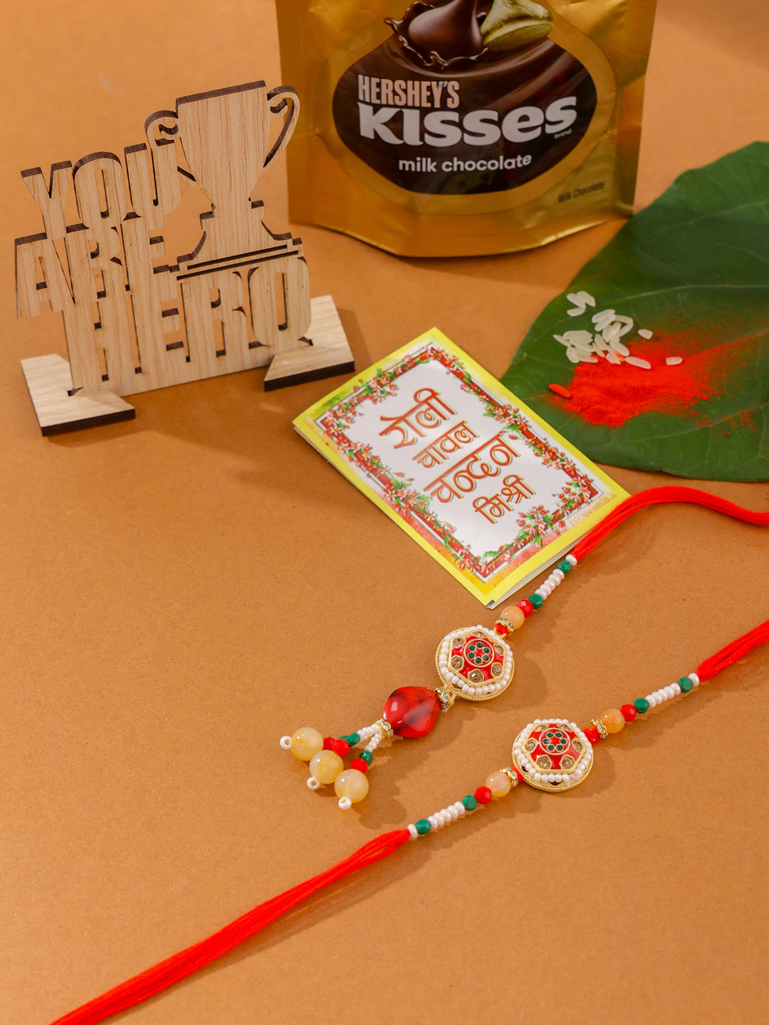 NVR Set of 2 Red Artificial Stones and Beads Bhaiya Bhabhi Rakhi Combo | Grocsy