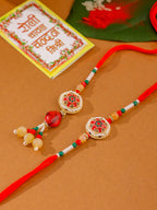 NVR Set of 2 Red Artificial Stones and Beads Bhaiya Bhabhi Rakhi with Roli Chawal Chandan & Mishri | Grocsy