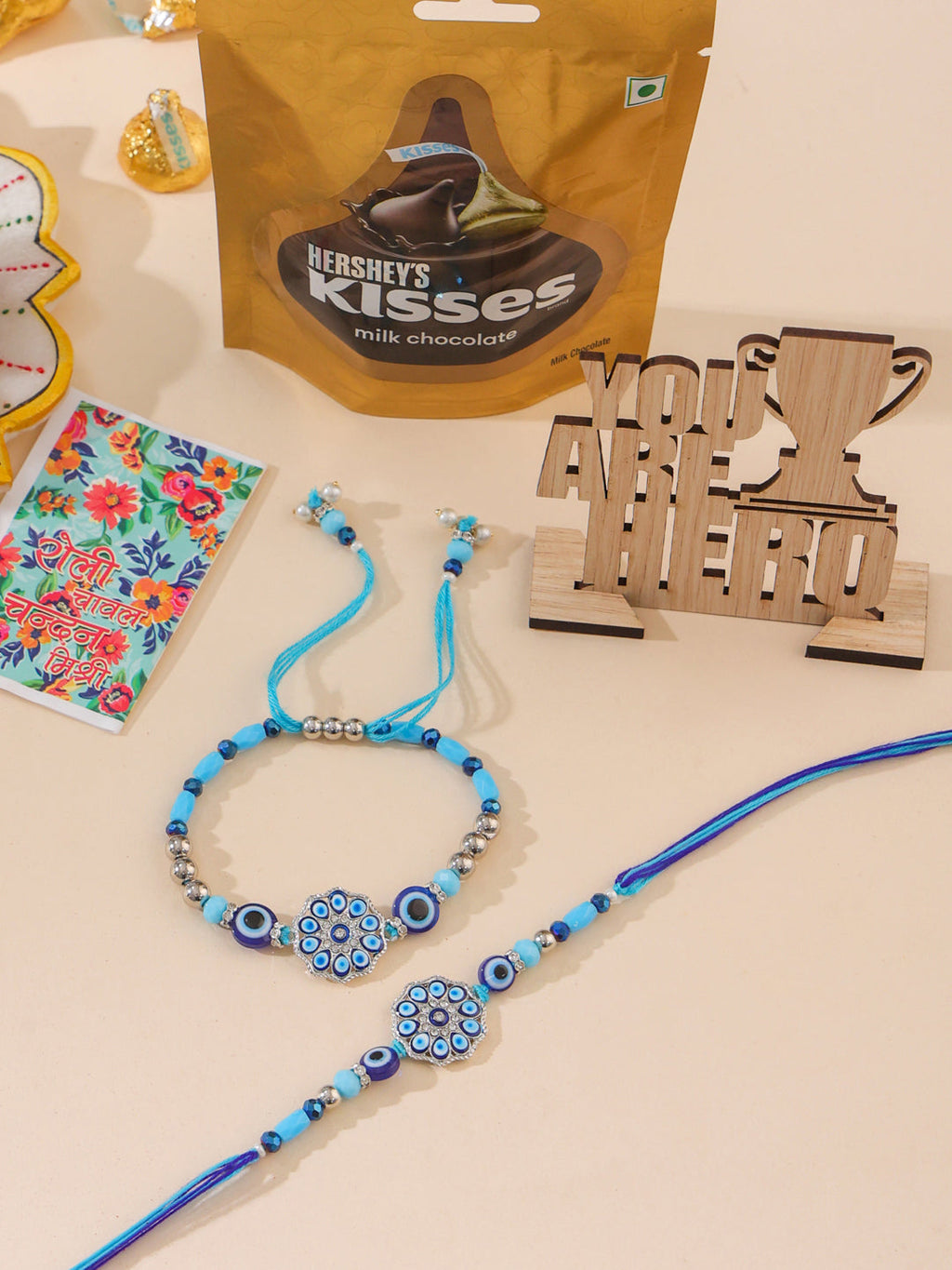 NVR Set of 2 Blue Evil Eye Floral Design Bhaiya Bhabhi Rakhi Combo | Grocsy