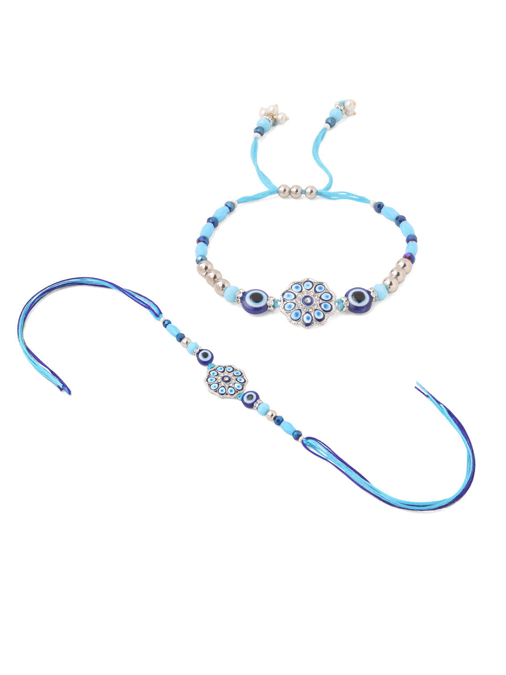NVR Set of 2 Blue Evil Eye Floral Design Bhaiya Bhabhi Rakhi Combo | Grocsy