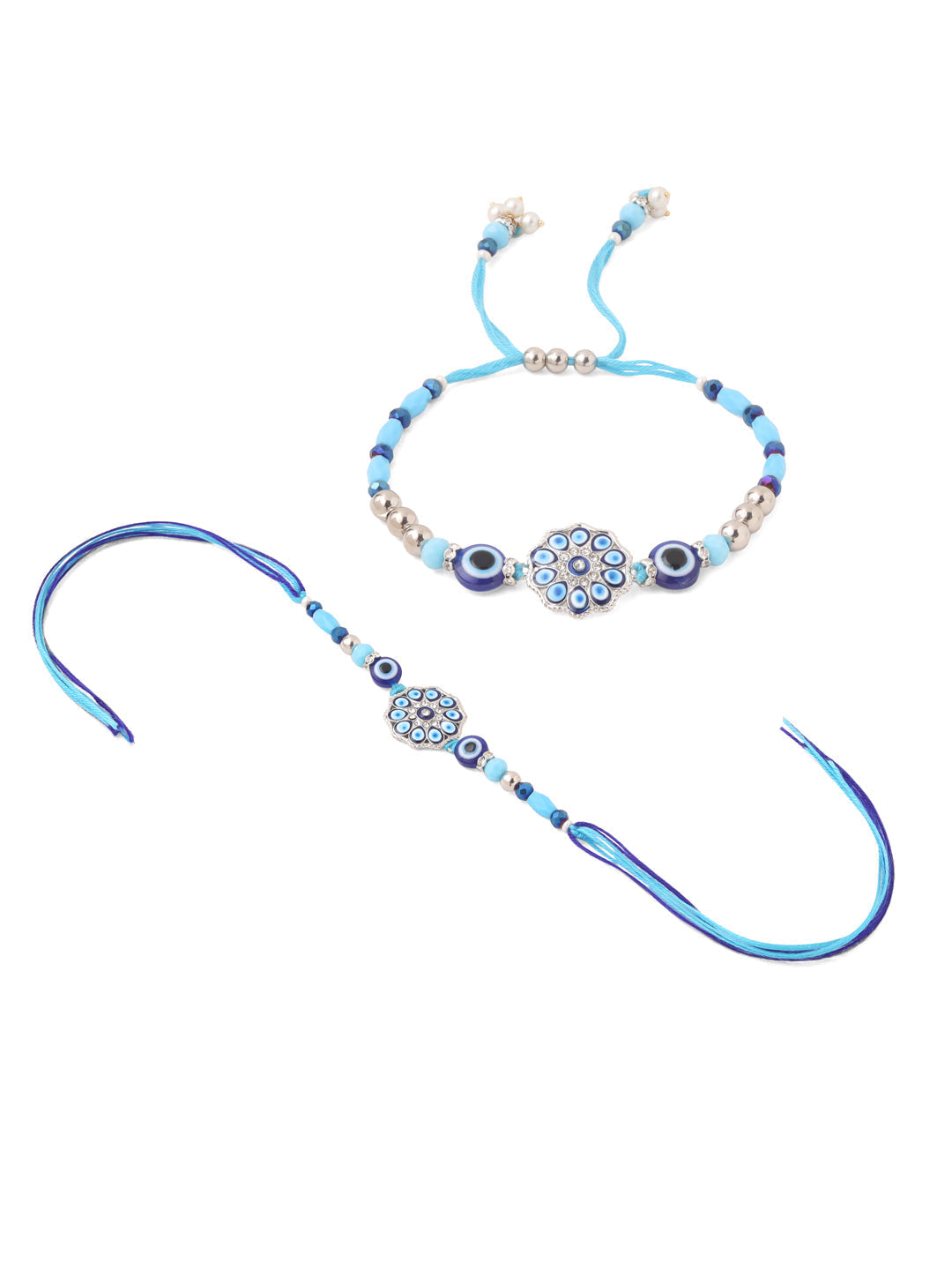 NVR Set of 2 Blue Evil Eye Floral Design Bhaiya Bhabhi Rakhi Combo | Grocsy
