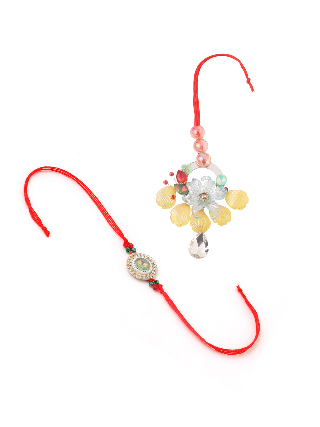 NVR Multicolor Artificial Stones & Beads Set of 2 Bhaiya Bhabhi Rakhi with Roli Chawal Chandan & Mishri | Grocsy