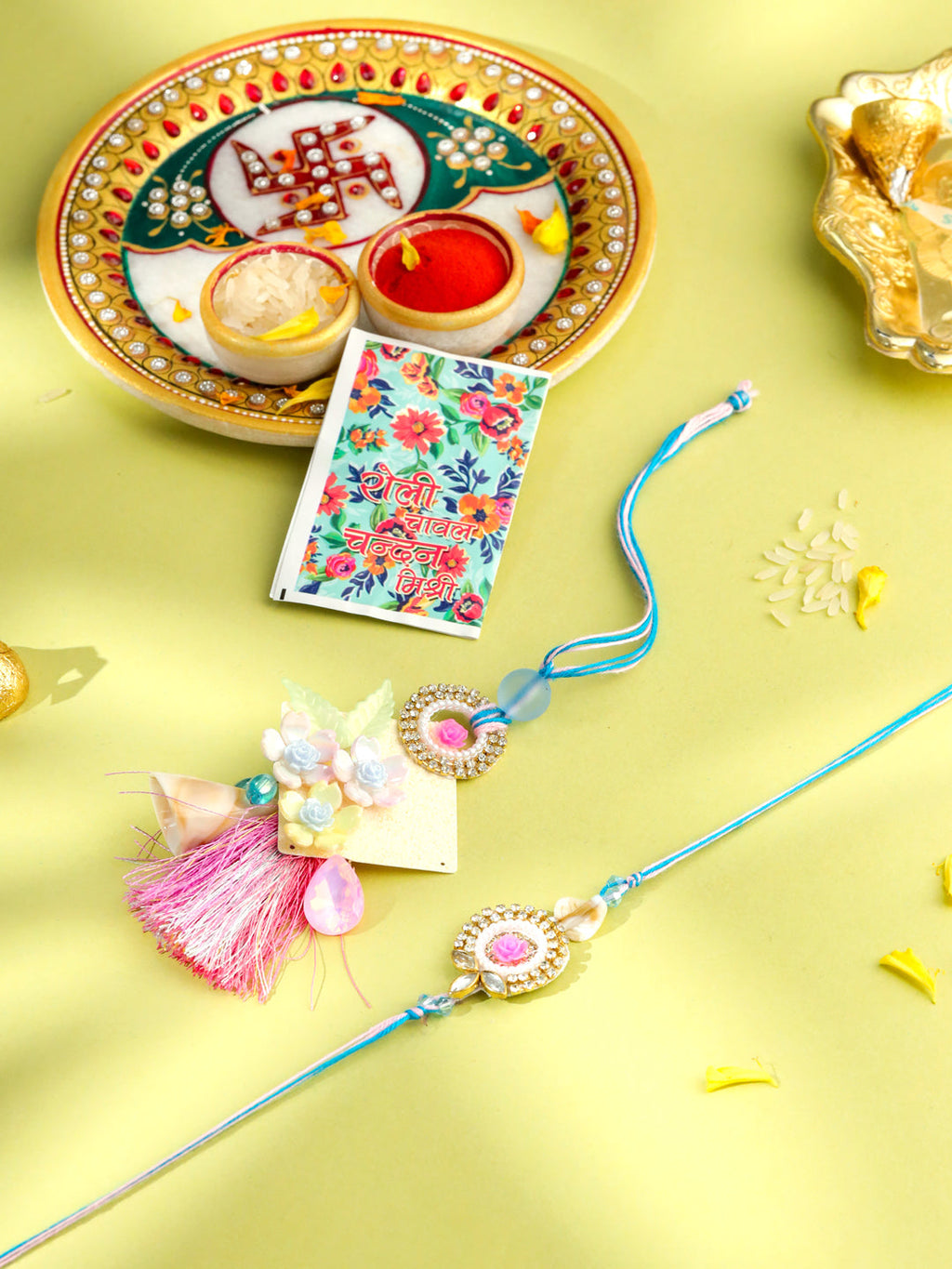 NVR Set of 2 Multicolor Artificial Stones & Beads Floral Design Bhaiya Bhabhi Rakhi with Roli Chawal Chandan & Mishri | Grocsy