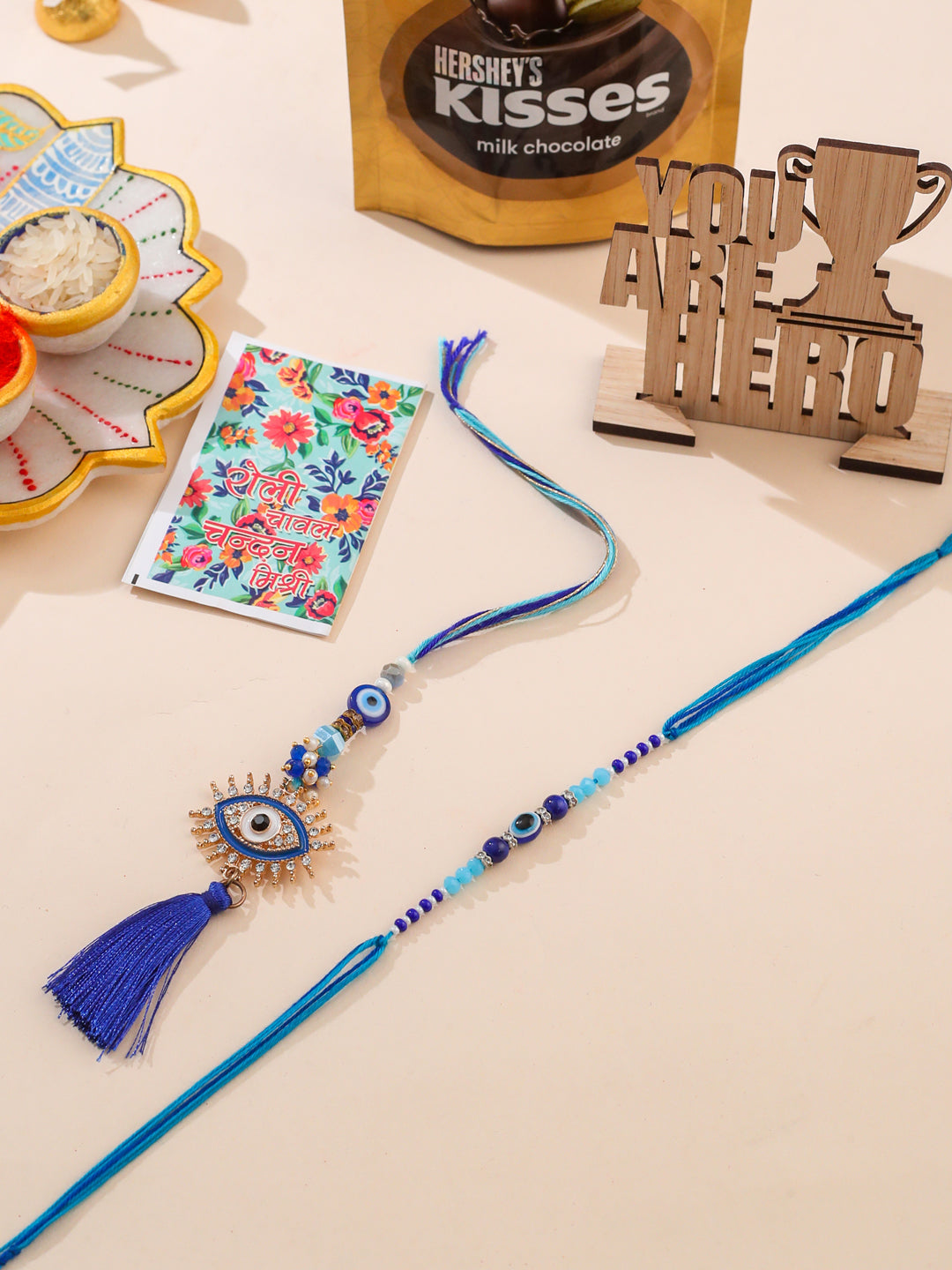 NVR Set of 2 Blue Evil Eye Artificial Stones & Beads Bhaiya Bhabhi Rakhi Combo | Grocsy
