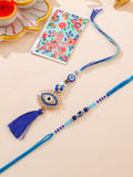 NVR Set of 2 Blue Evil Eye Artificial Stones & Beads Bhaiya Bhabhi Rakhi with Roli Chawal Chandan & Mishri | Grocsy