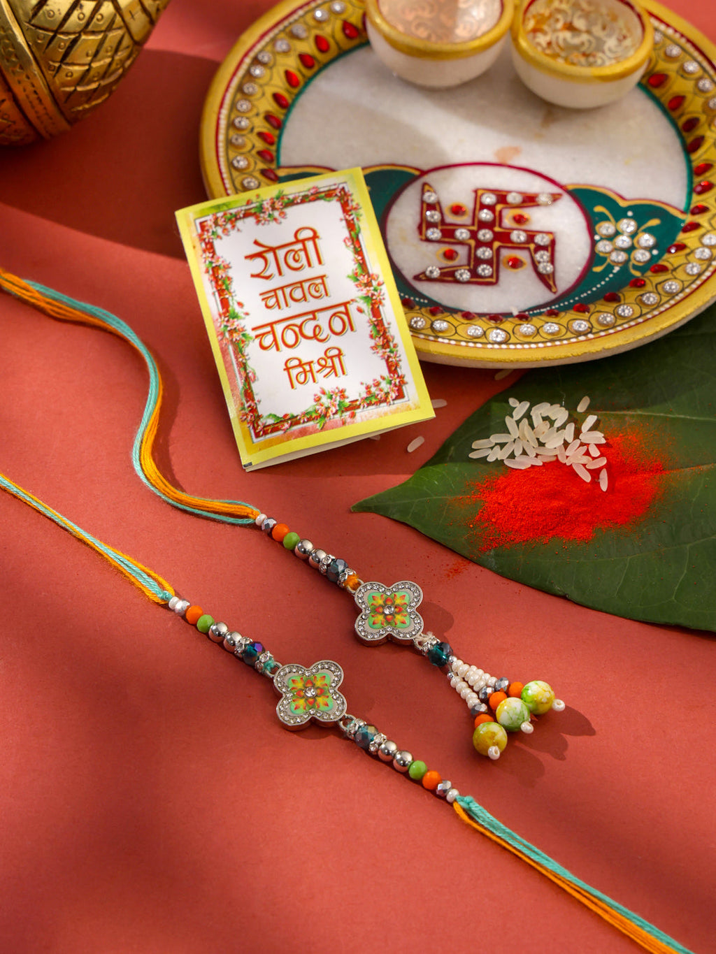 NVR Set of 2 Multicolor Artificial Stones & Beads Floral Bhaiya Bhabhi Rakhi with Roli Chawal Chandan & Mishri | Grocsy