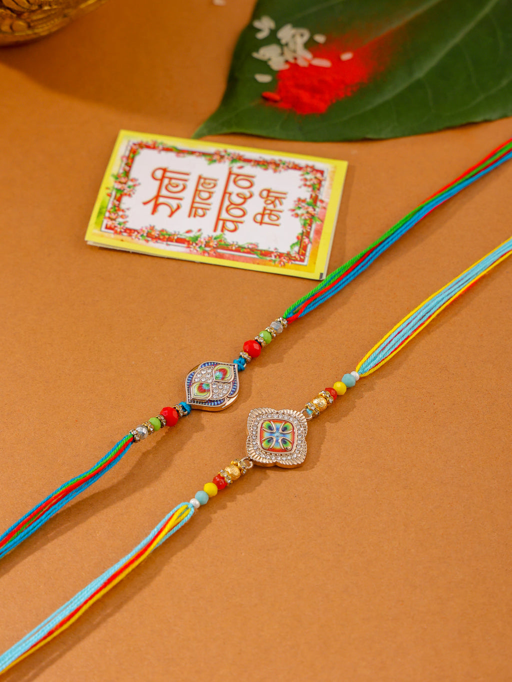 NVR Men Set of 2 Multicolor Artificial Stones Thread Rakhi with Roli Chawal Chandan & Mishri | Grocsy