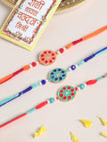 NVR Men Set of 3 Floral Design Multicolor Artificial Beads Thread Rakhi with Roli Chawal Chandan & Mishri | Grocsy