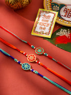NVR Men Set of 3 Floral Design Multicolor Artificial Beads Thread Rakhi with Roli Chawal Chandan & Mishri | Grocsy