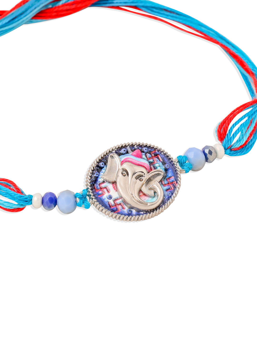 NVR Men Red & Blue Ganesh Ji Thread Rakhi with Roli Chawal Chandan & Mishri | Grocsy