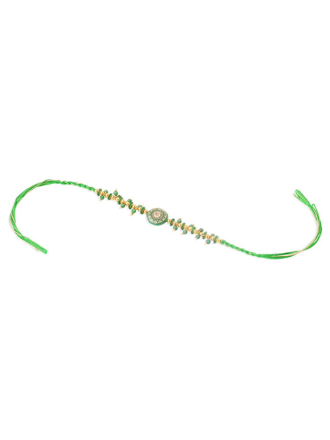NVR Men Green Artificial Beads Round Shape Thread Rakhi with Roli Chawal Chandan & Mishri | Grocsy