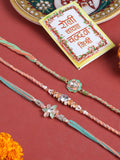 NVR Men Set of 3 Floral Design Multicolor Artificial Stones & Pearls Thread Rakhi with Roli Chawal Chandan & Mishri | Grocsy