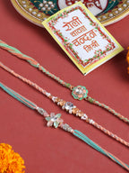 NVR Men Set of 3 Floral Design Multicolor Artificial Stones & Pearls Thread Rakhi with Roli Chawal Chandan & Mishri | Grocsy