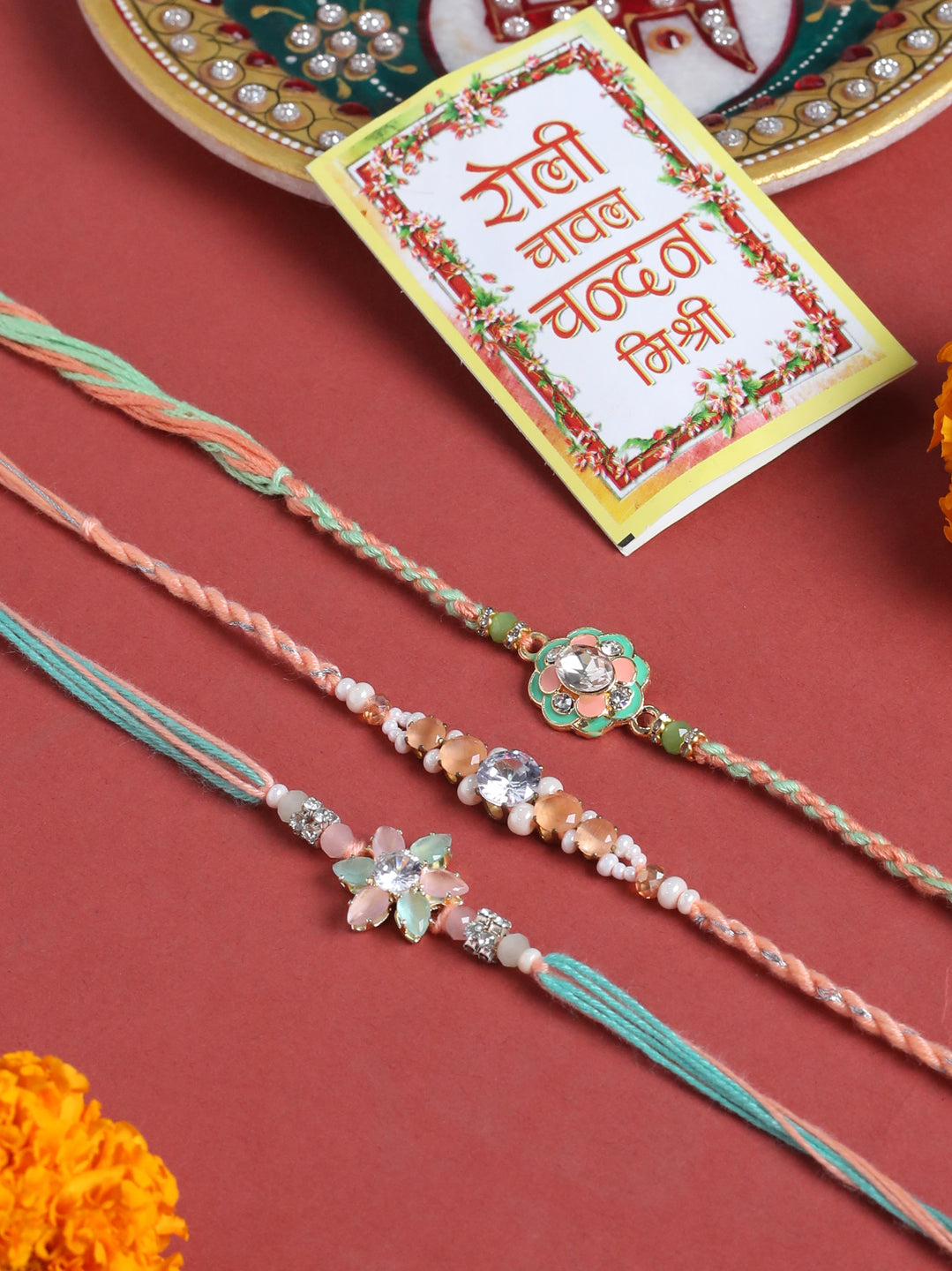 NVR Men Set of 3 Floral Design Multicolor Artificial Stones & Pearls Thread Rakhi with Roli Chawal Chandan & Mishri | Grocsy