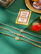 NVR Men Set of 3 Floral Design Multicolor Artificial Stones & Pearls Thread Rakhi with Roli Chawal Chandan & Mishri | Grocsy