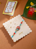 NVR Men Red & Blue Artificial Stones and Beads Om Thread Rakhi with Roli Chawal Chandan & Mishri | Grocsy