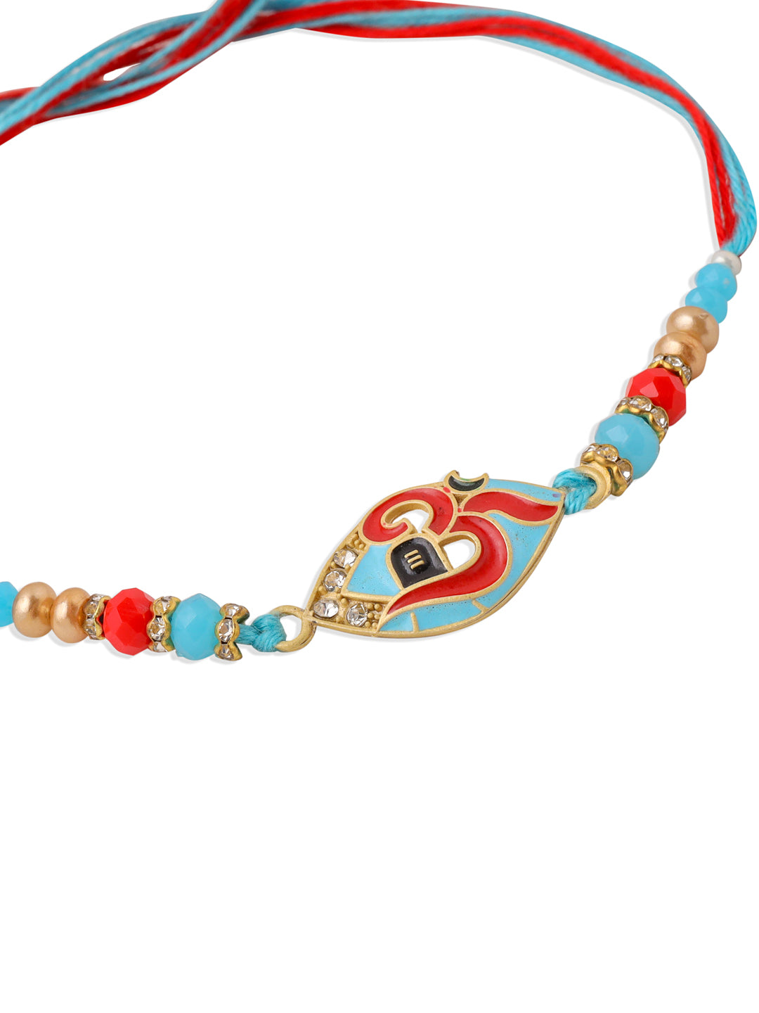 NVR Men Red & Blue Artificial Stones and Beads Om Thread Rakhi with Roli Chawal Chandan & Mishri | Grocsy