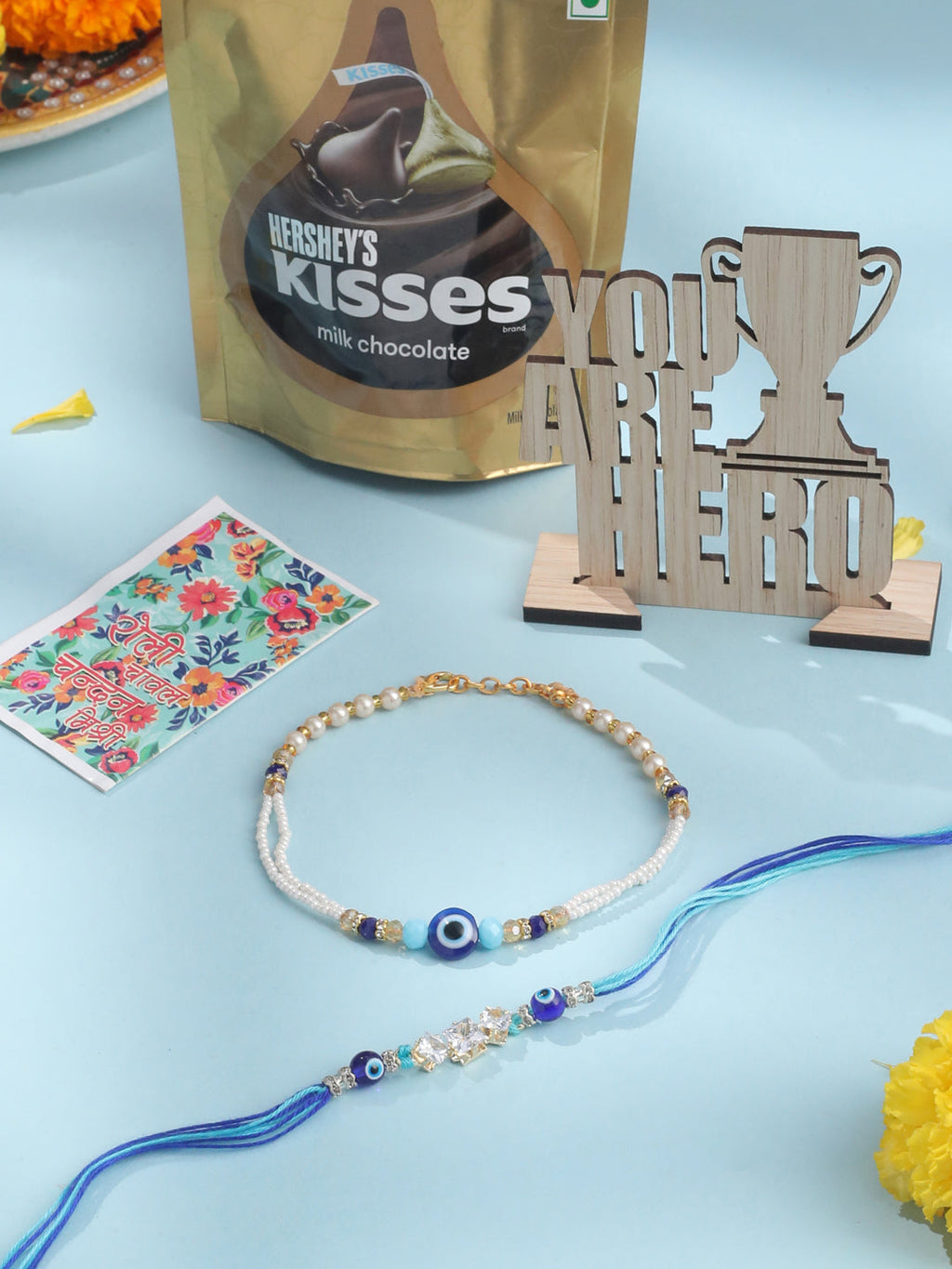 NVR Set of 2 Blue Evil Eye Artificial Stones & Beads Bhaiya Bhabhi Rakhi Combo | Grocsy