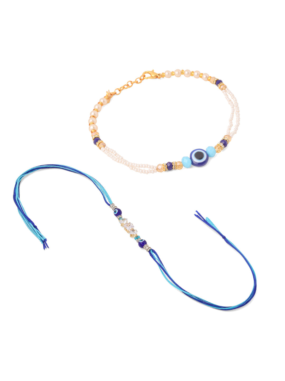 NVR Set of 2 Blue Evil Eye Artificial Stones & Beads Bhaiya Bhabhi Rakhi Combo | Grocsy